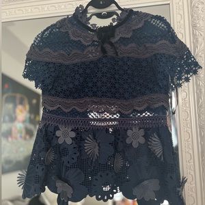 Self- Portrait Lace Navy Top with Bow (size 6/ Small)